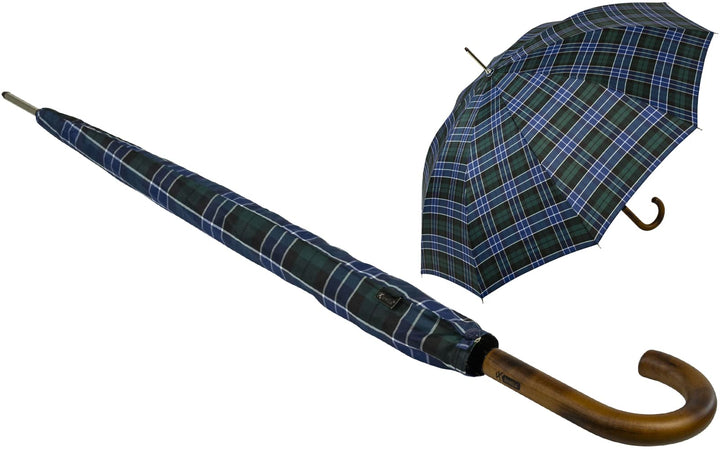 iX-brella Herren-Stockschirm Automatik mit Echtholz-Rundhakengriff - Karo blau-grün Check Blue-green