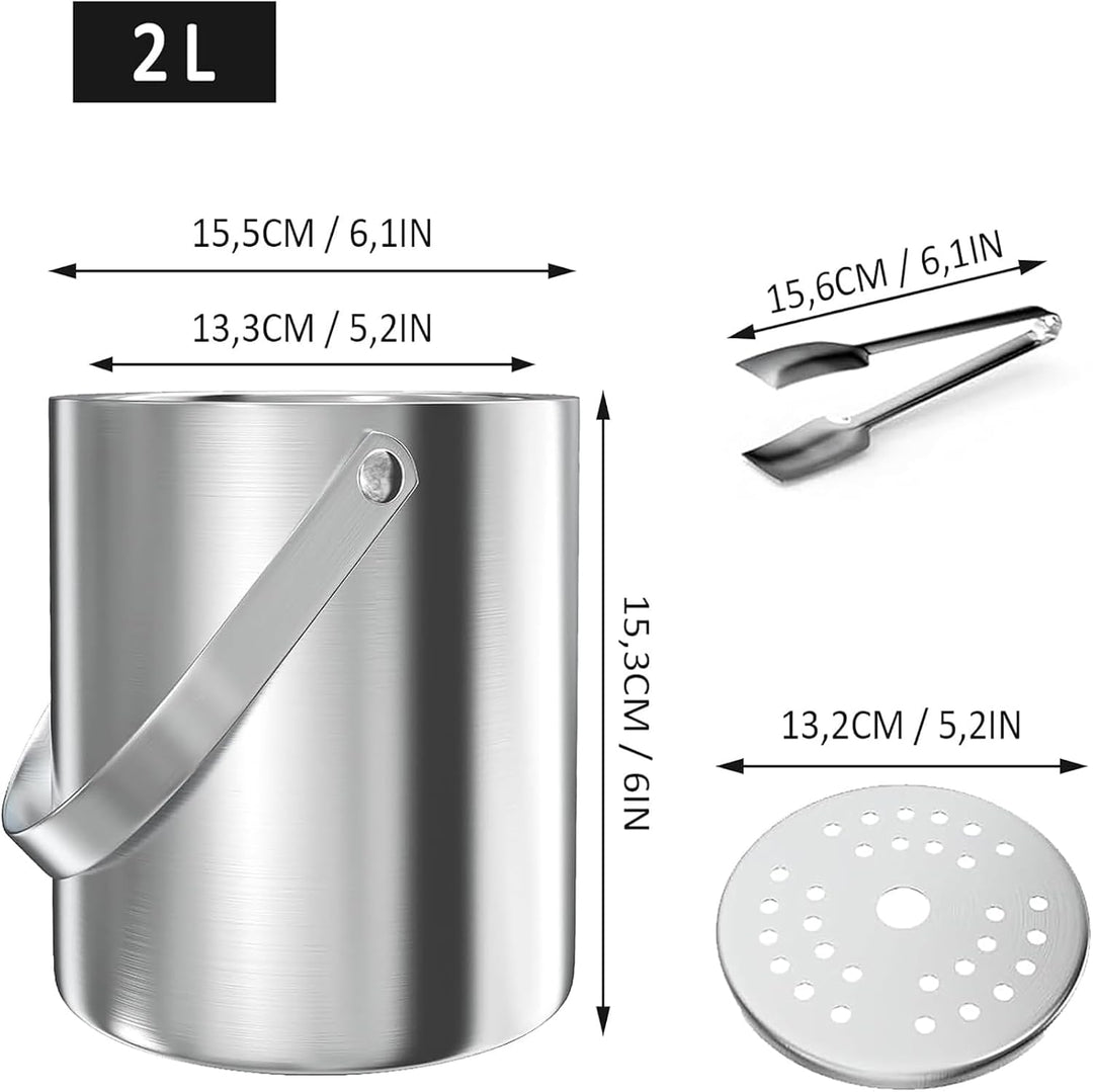 Eiswürfelbehälter, Eisbehälter rund mit Sieb und Eiszange, 2L Eiswürfelbehälte, Edelstahl Eisbehälte