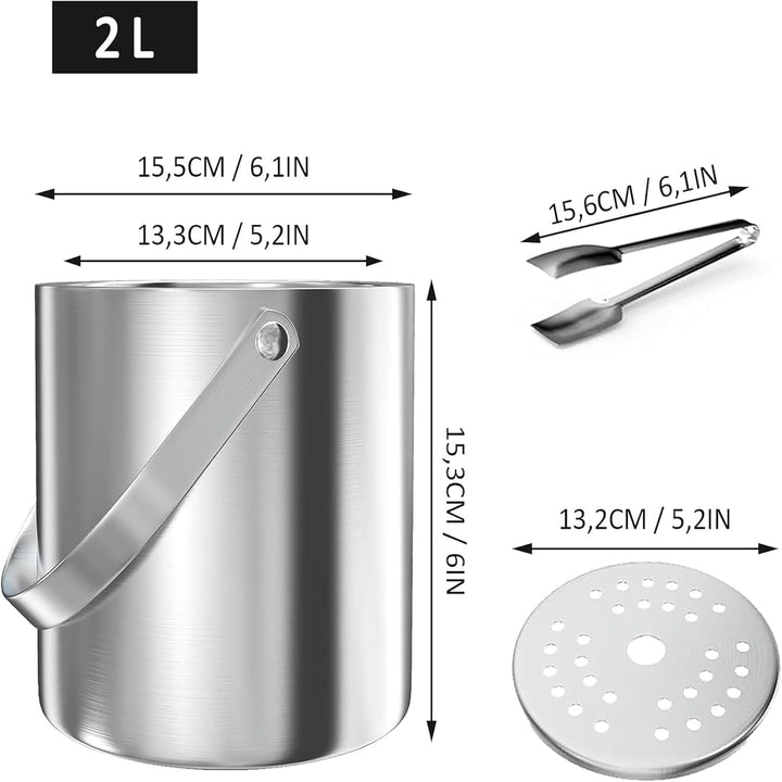 Eiswürfelbehälter, Eisbehälter rund mit Sieb und Eiszange, 2L Eiswürfelbehälte, Edelstahl Eisbehälte