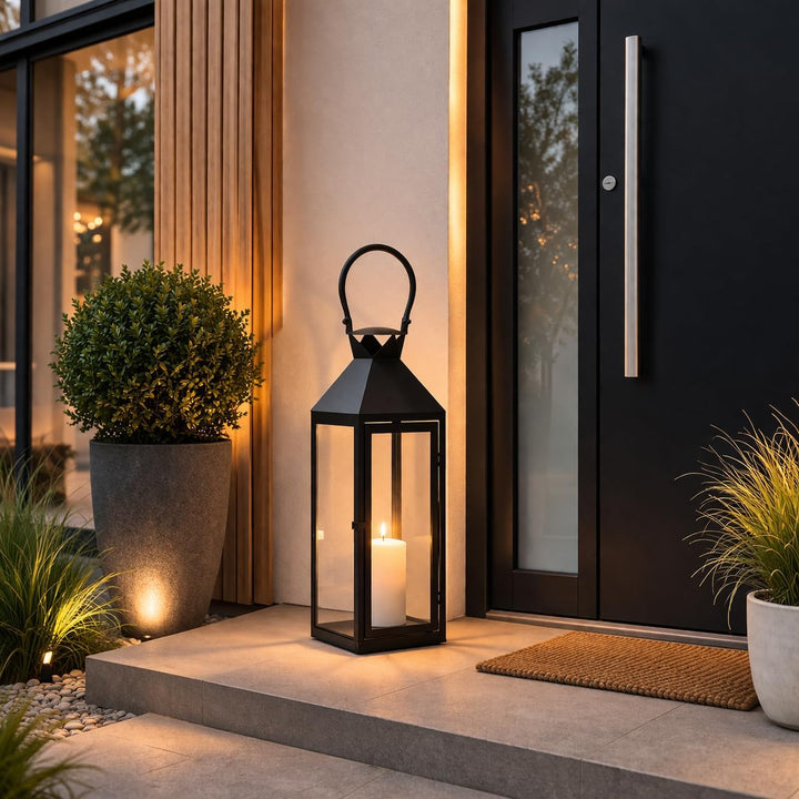 XXL Luxus Gartenlaterne aus Metall Windlicht Laterne Glas H54 cm schwarz