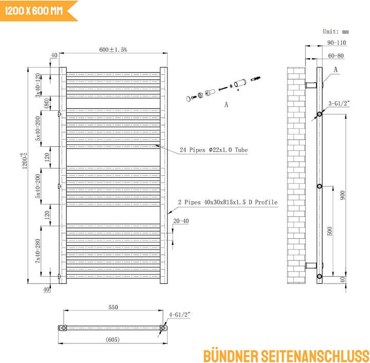 WITEN&amp;NOCK Badheizkörper 1200x 600 mm Designheizkörper Heizkörper Seitenanschluss Nabenabstand 500 &amp;