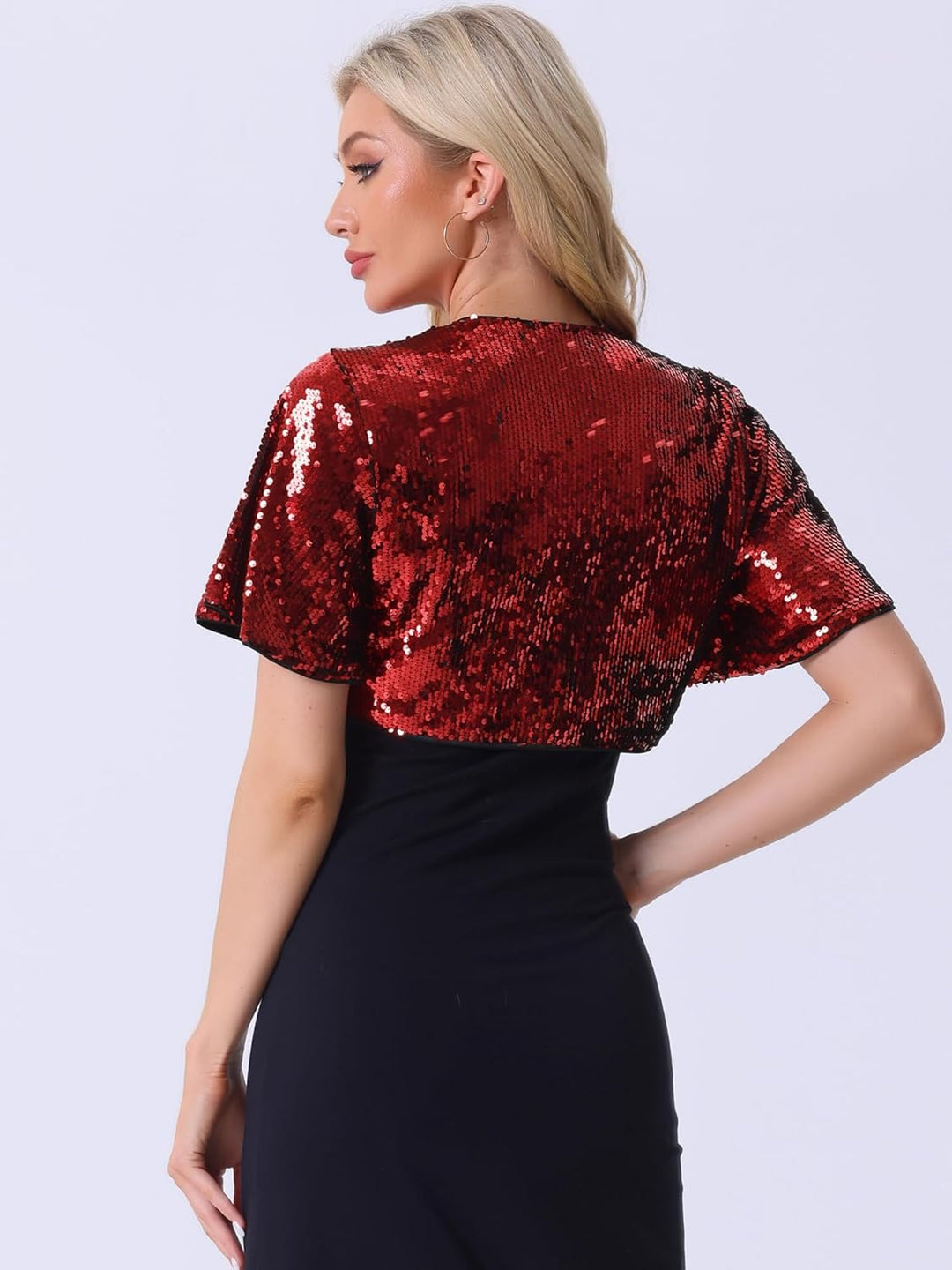 Allegra K Damen Bolero Pailletten Glitzer Shrug Party Crop Jacke L Rot, L Rot