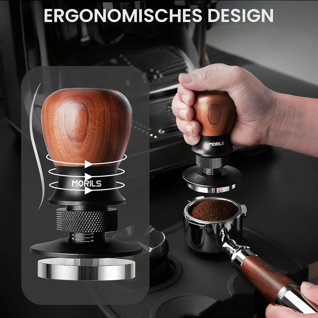 MORILS Kaffee Tamper 53.3mm, Nussholz Espresso Tamper, einstellbare Tiefe, Edelstahl Basis Tamper Pa