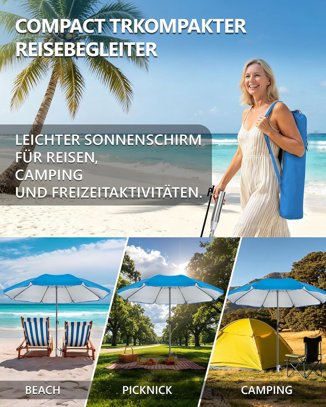 4smile Sonnenschirm Strand Ø 180 cm mit Eindrehbodenhülse, Blau | Strandschirm windfest stabil mit E
