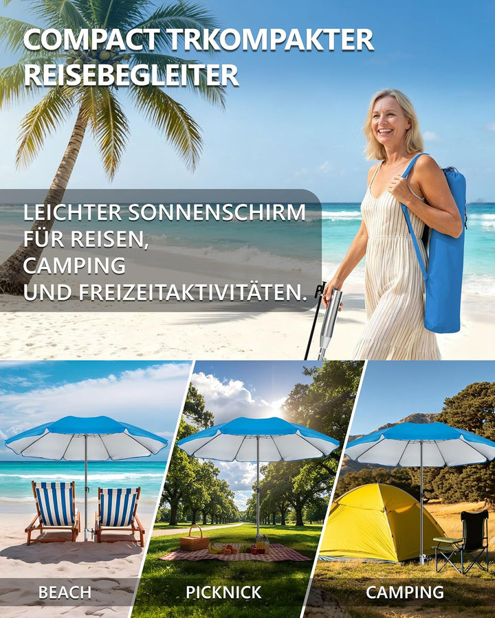 4smile Sonnenschirm Strand Ø 180 cm mit Eindrehbodenhülse, Blau | Strandschirm windfest stabil mit E
