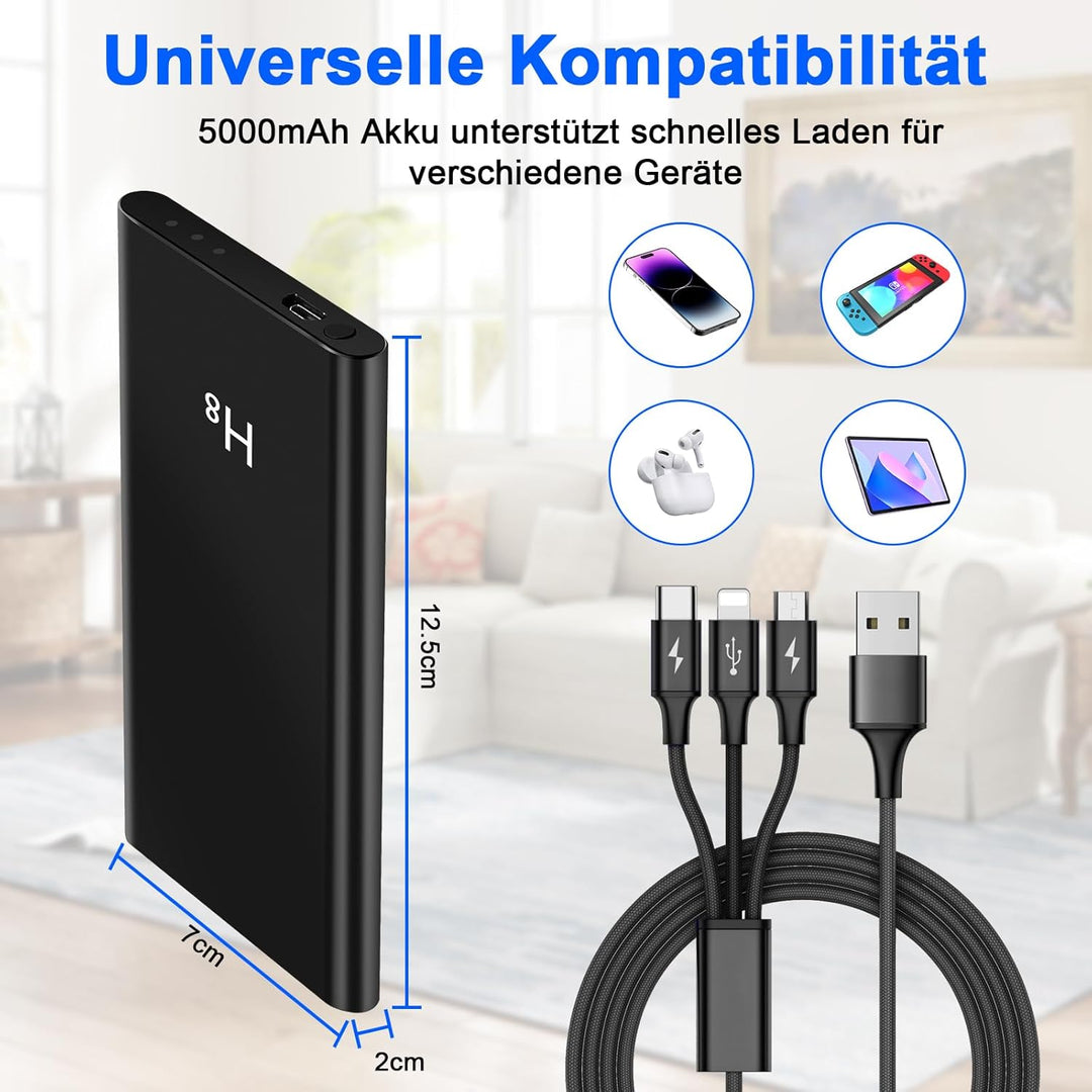 Mini HD 1080P Kamera,Powerbank Kleine Kamera 5000mAh mit Akku 3-in-1-Kabel,Videokamera mit Schwerkra