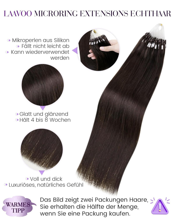 LaaVoo 40cm Microring Extensions Echthaar Braun Unsichtbar Extensions Echthaar Micro Loop 1g/s Dunke