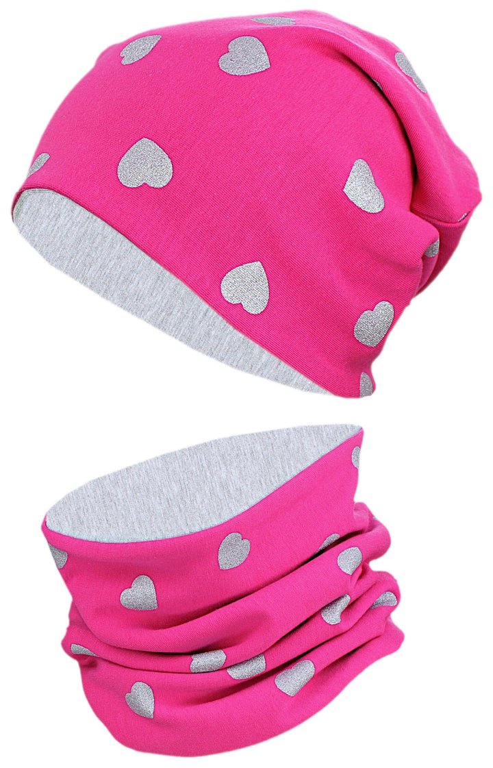TupTam Unisex Kinder Beanie Mütze Schlauchschal Set 54-56 Herzen Glitzer Grau / Amaranth Grau Melier