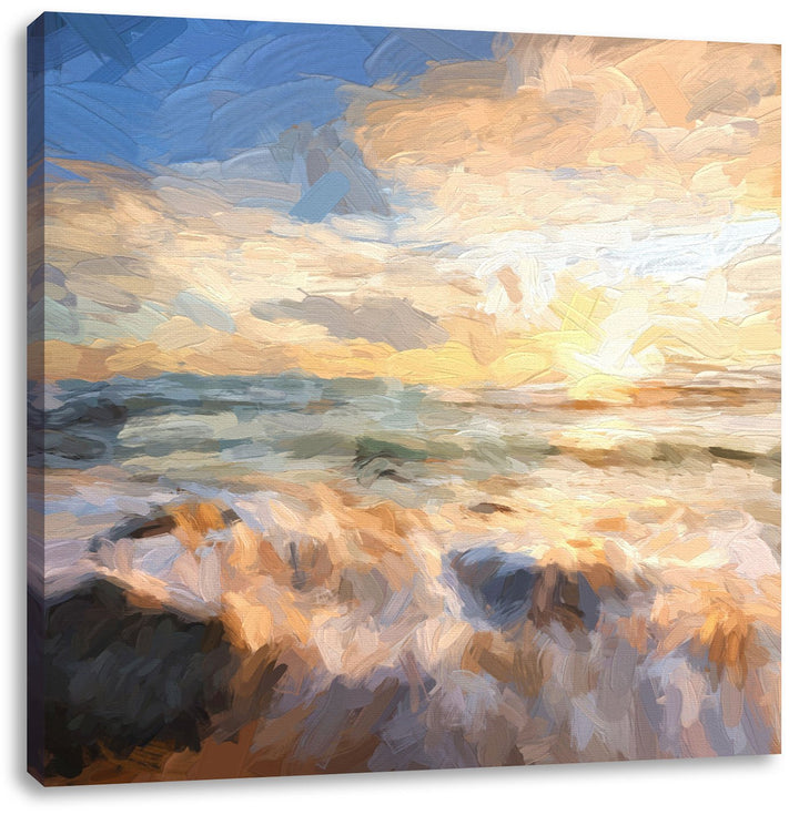 Pixxprint Sonnenuntergang am Meer Pinsel Effekt, Format: 70x70 auf Leinwand, 70x70