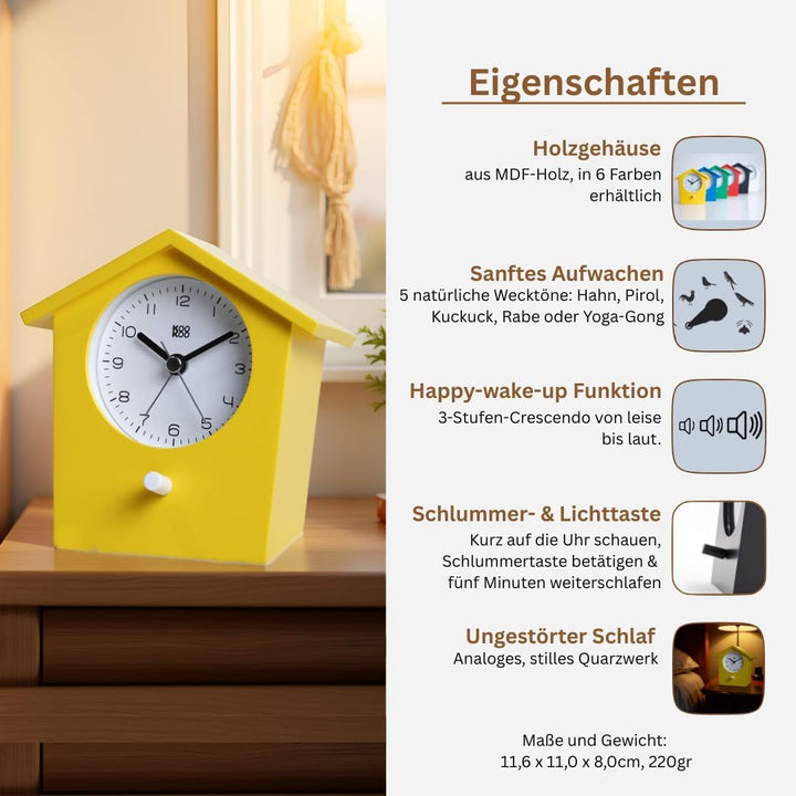 KOOKOO EarlyBird Gelb, Wecker mit Vogelmelodie (Originalaufnahme) oder Dreiklangton, Gelb