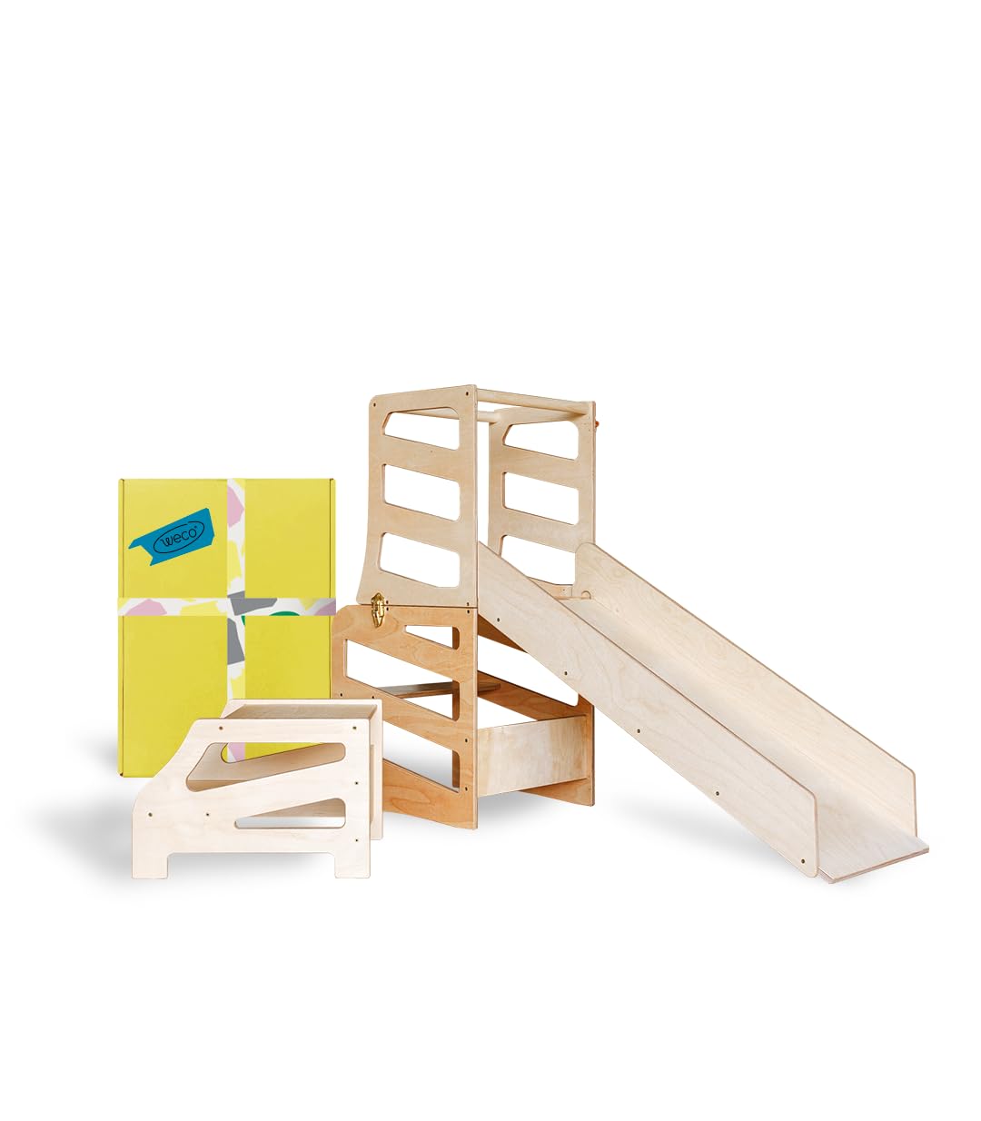 Weco Montessori Kinder Lernturm 3 in 1 Streifen Design mit Rutsche und Tritthocker FSC Zertifikat Sc