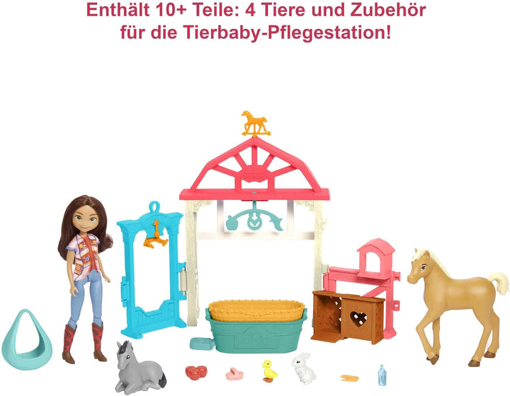 Dreamworks Spirit HCH37 - Luckys Tierbaby-Pflegestation, Pony & Fohlen, Puppe Lucky (18 cm), Pflegeb