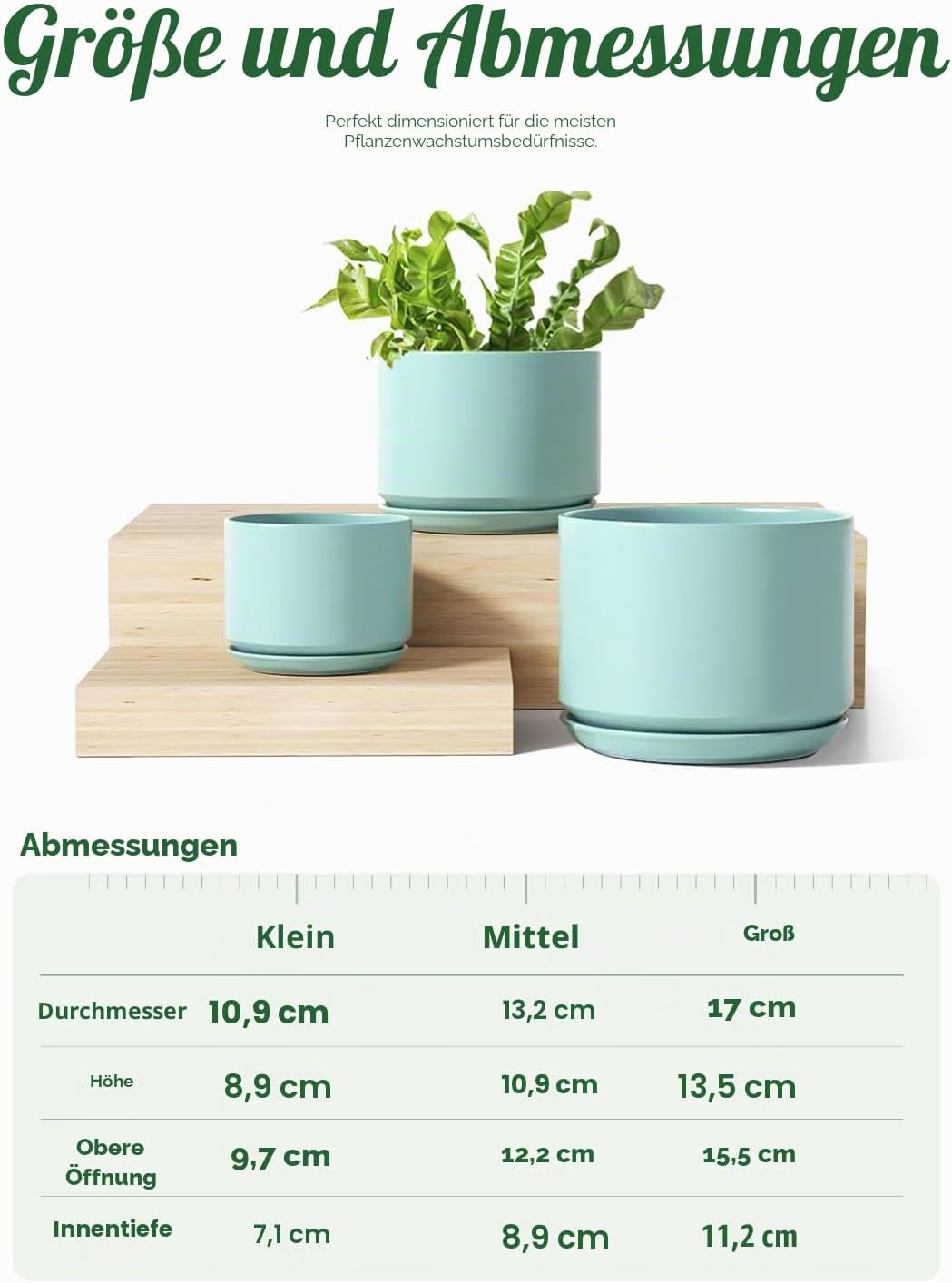 LE TAUCI Keramik-Pflanztöpfe, 10,9 cm + 13 cm + 17,3 cm, 3 Stück, Pflanzgefässe mit Ablaufloch und U