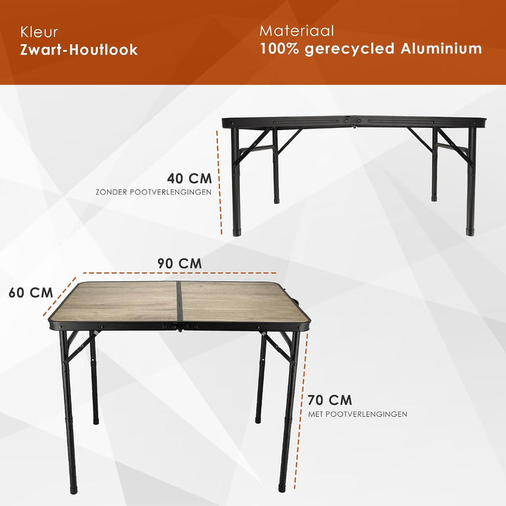 Campingtisch Faltbare 90 x 60 cm Holzoptik – Klapptisch mit verstellbarer Höhe 40/70 cm, für 4 Perso