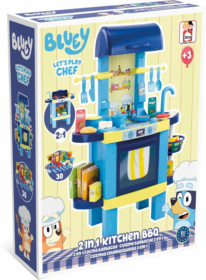 Chicos - Bluey Spielküche 2 in 1 & Kindergrill | Grosse Kinderküche mit 32 Zubehörteilen | Rollenspi