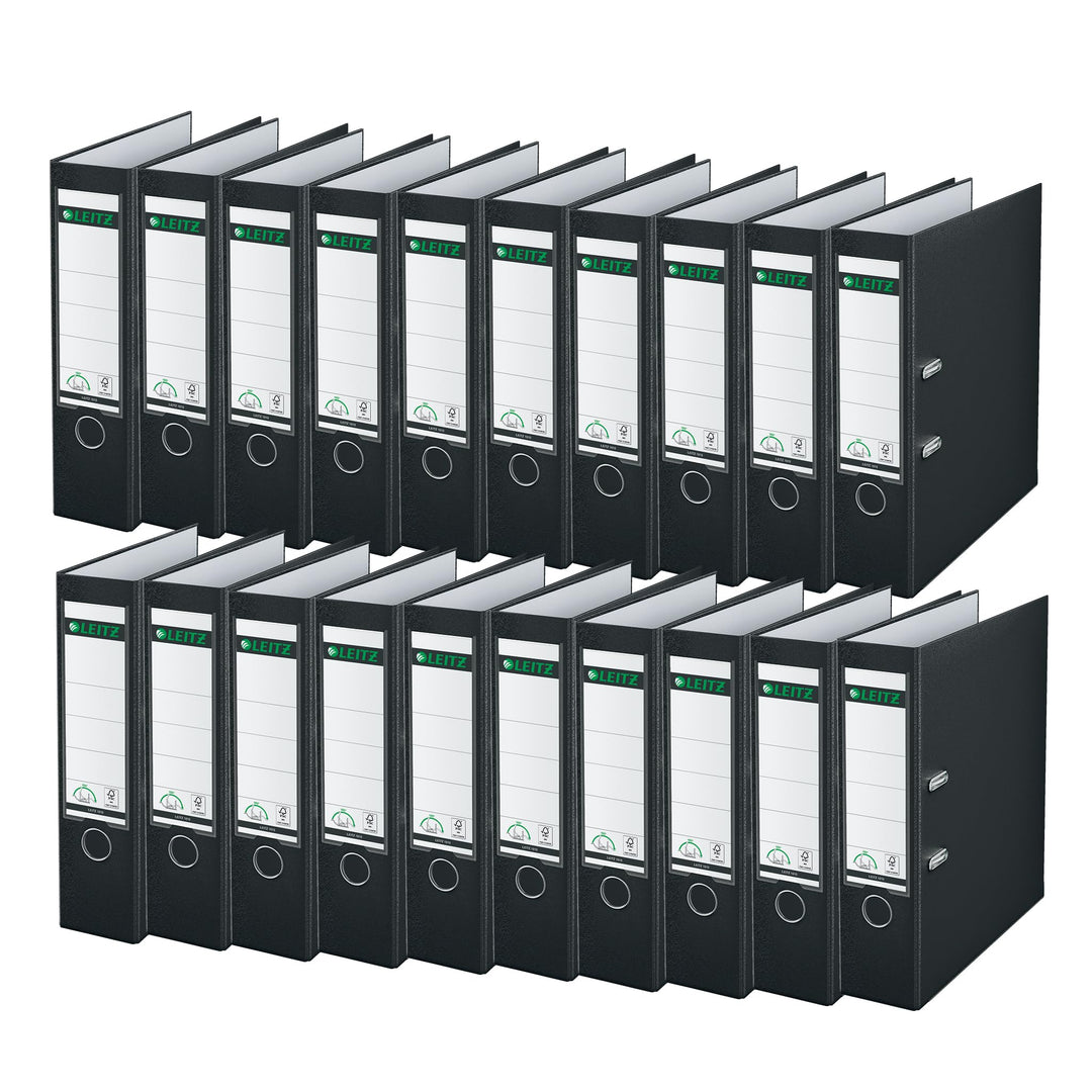 Leitz Qualitäts-Ordner 180° Plastik, 20er Pack, A4, Schwarz, 8,2 cm Rückenbreite, PP-laminierter Ein
