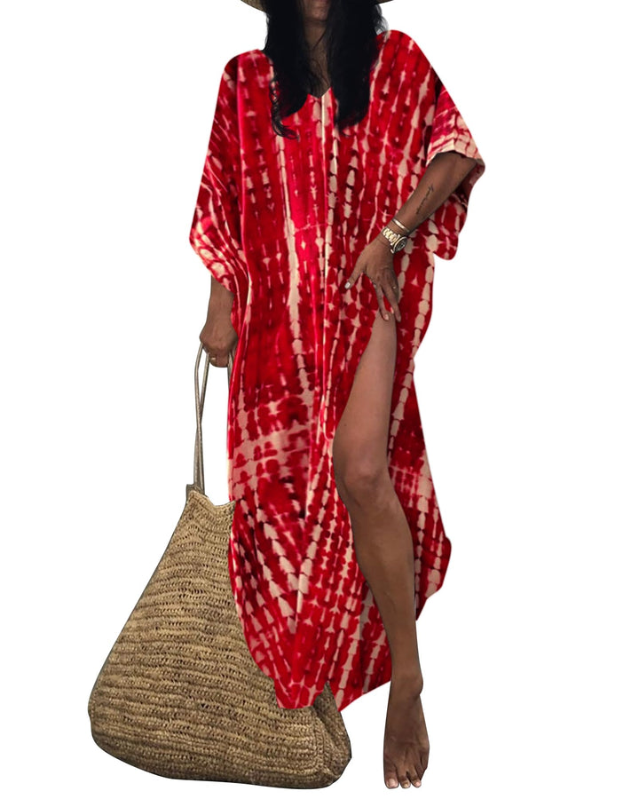 Bsubseach Damen Print Beach Kaftan Kleid Kurzarm Plus Size Strandponcho C- Rot, C- Rot