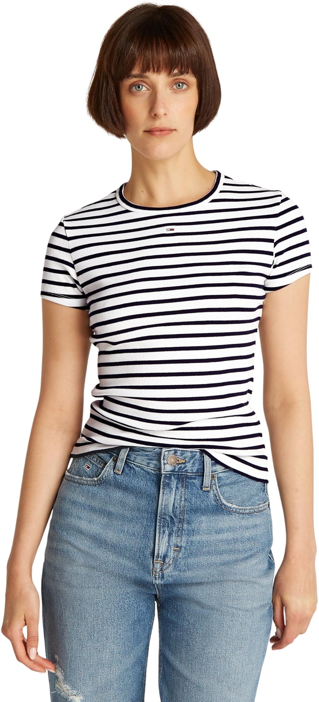 Tommy Jeans Damen T-Shirt Kurzarm Essential Rib Slim Fit XXS Blue (Dark Night Navy / Stripe), XXS Bl