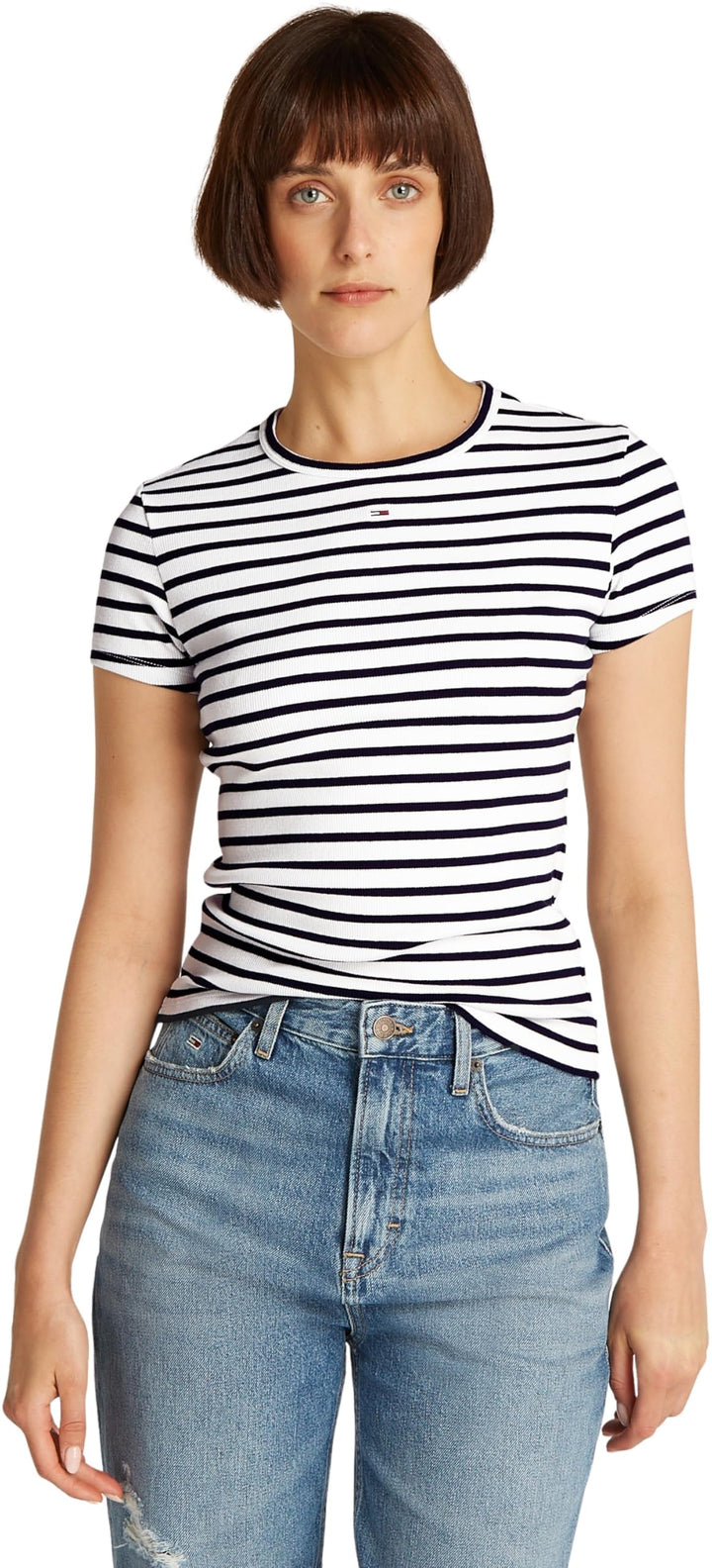 Tommy Jeans Damen T-Shirt Kurzarm Essential Rib Slim Fit XXS Blue (Dark Night Navy / Stripe), XXS Bl