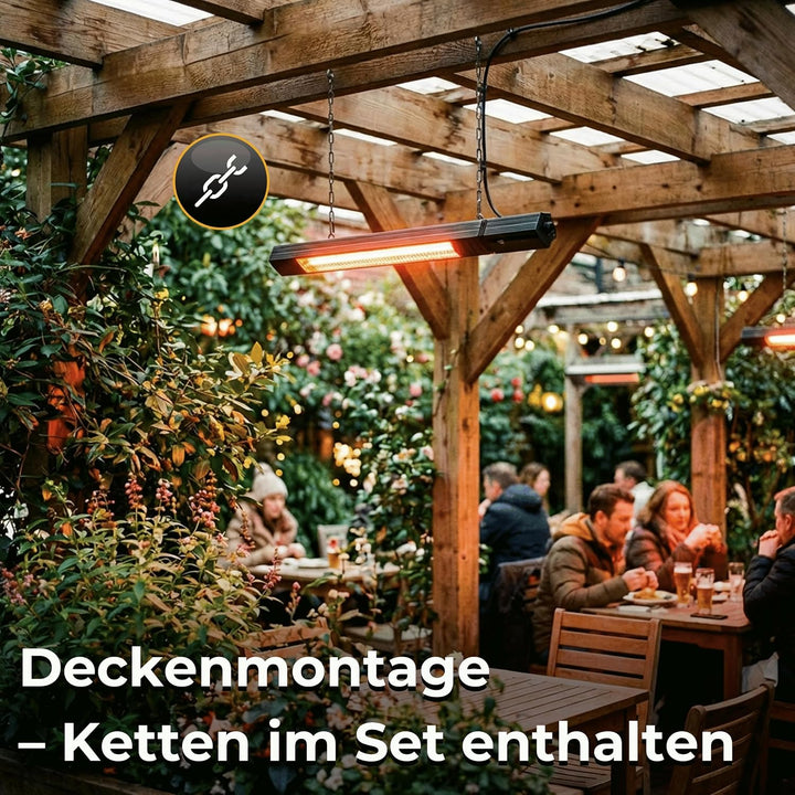 Infrarot Heizstrahler 2500W, 9 Stufen, IP65, Montageketten, Fernbedienung, Timer, Elektroheizung RAY