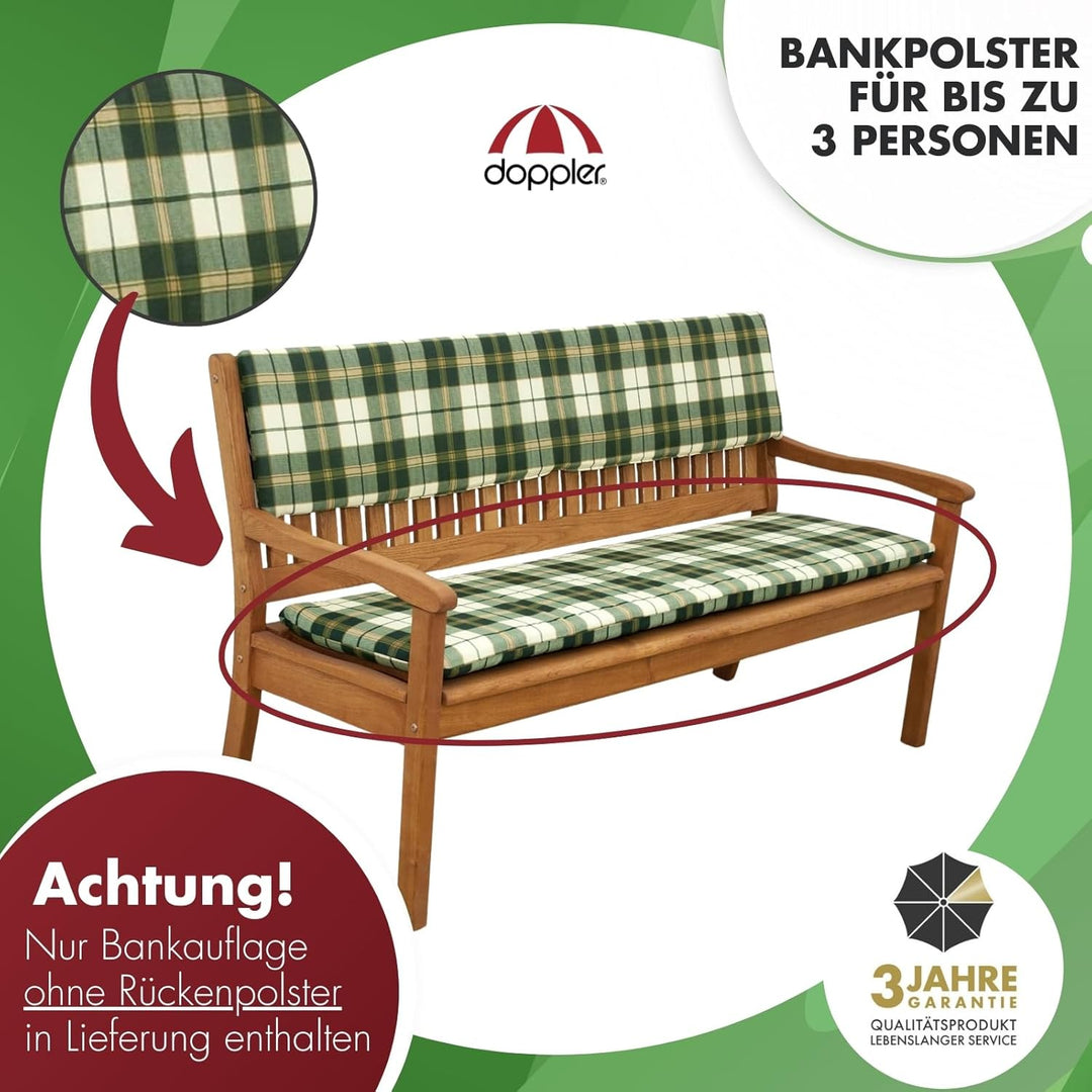 Doppler / 3er Bankauflage Sitzkissen/Bankauflage Bankkissen für die Gartenbank/Grün kariert / 150 cm