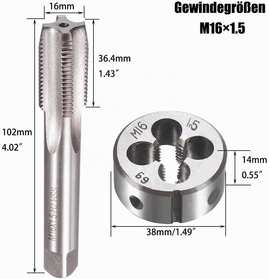 Saipor M16 X 1,5 Metrisch Gewindeschneid und Gewindeschneideisen M16 X 1,5mm HSS Gewindebohrer und S