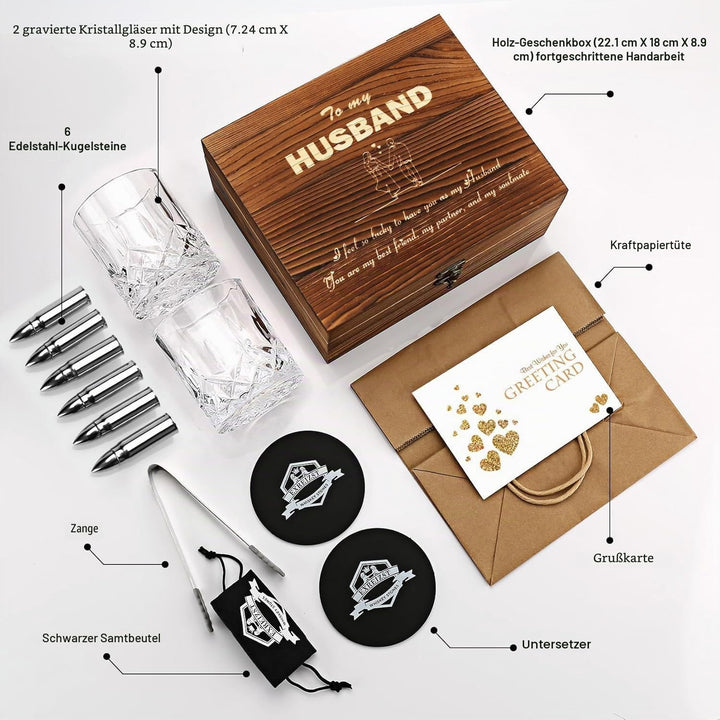 Whisky Gläser Set Ehemann- Whiskey Zubehör Set - 6 Whisky Steine - 2 Gläser, Zange & 2 Untersetzer 1