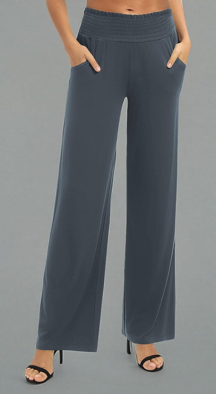 EXCHIC Damen Einfarbig Lose Gerade Geschnitten Palazzo Hose Hohe Taille Dehnbar Lounge Hose mit Tasc