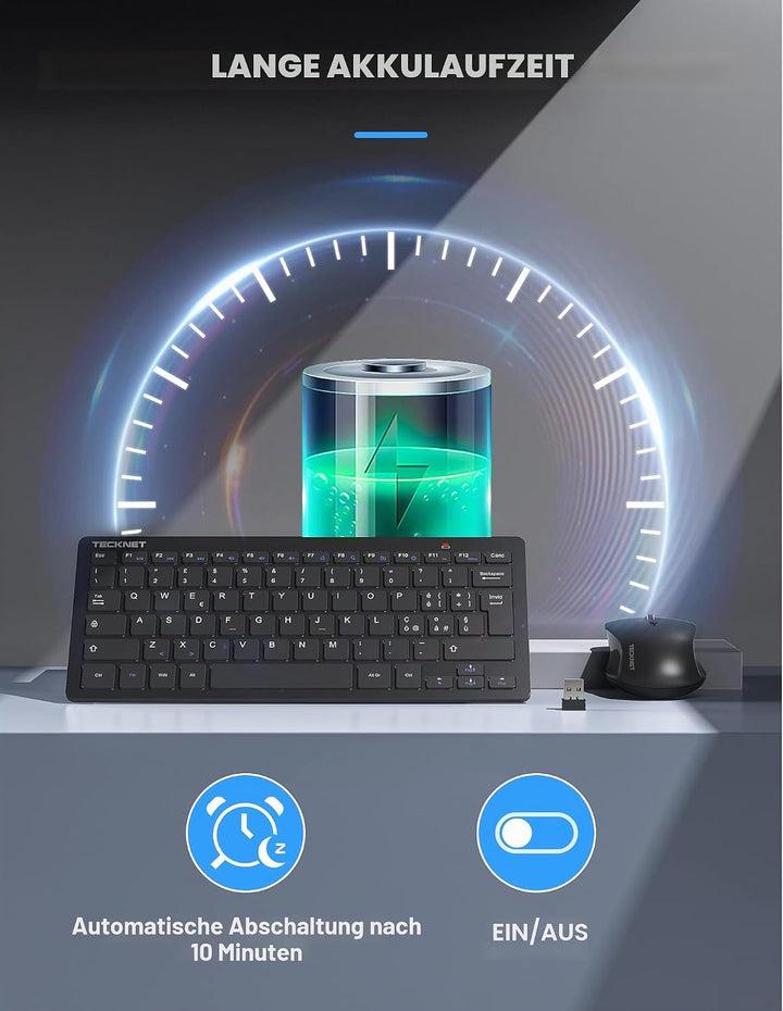 TECKNET Italienische QWERTY-Tastatur und Maus, 2.4G kabellose Tastatur und leise Maus mit Nano-USB-E