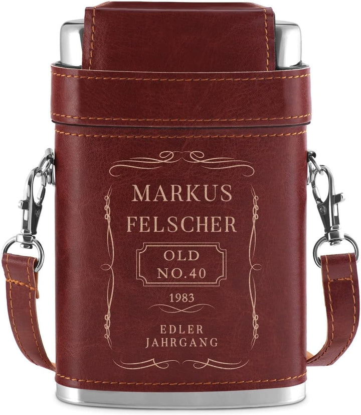 Maverton Flachmann mit Gravur - personalisiert - 250 ml - aus Edelstahl - 3x10 ml Pinnchen - Lederet