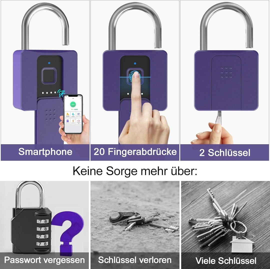 Vorhängeschloss mit Fingerabdruck, Eseesmart Smart Schloss mit Schlüssel Fingerabdruck App, Wetterfe