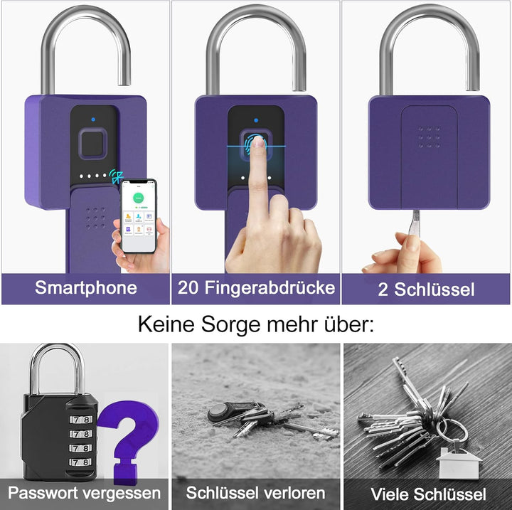 Vorhängeschloss mit Fingerabdruck, Eseesmart Smart Schloss mit Schlüssel Fingerabdruck App, Wetterfe
