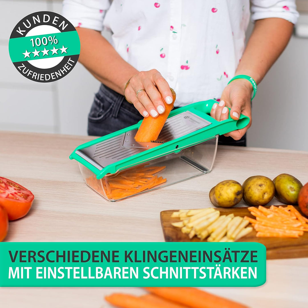 freegreen® GERMANY Obst- & Gemüsehobel aus Edelstahl mit V-Klinge & Auffangbehälter I Inklusive Gemü