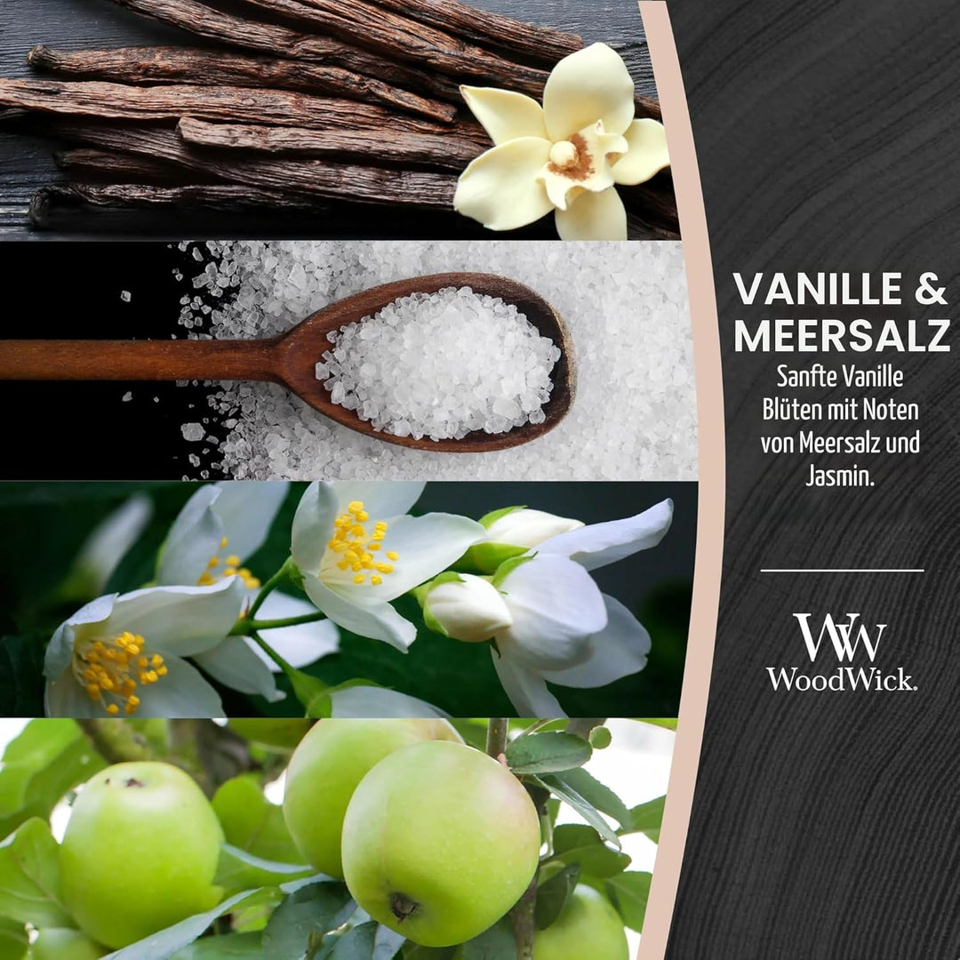 Grosse WoodWick Duftkerze im Sanduhrglas mit knisterndem Docht, Vanilla & Sea Salt, bis zu 130 Stund