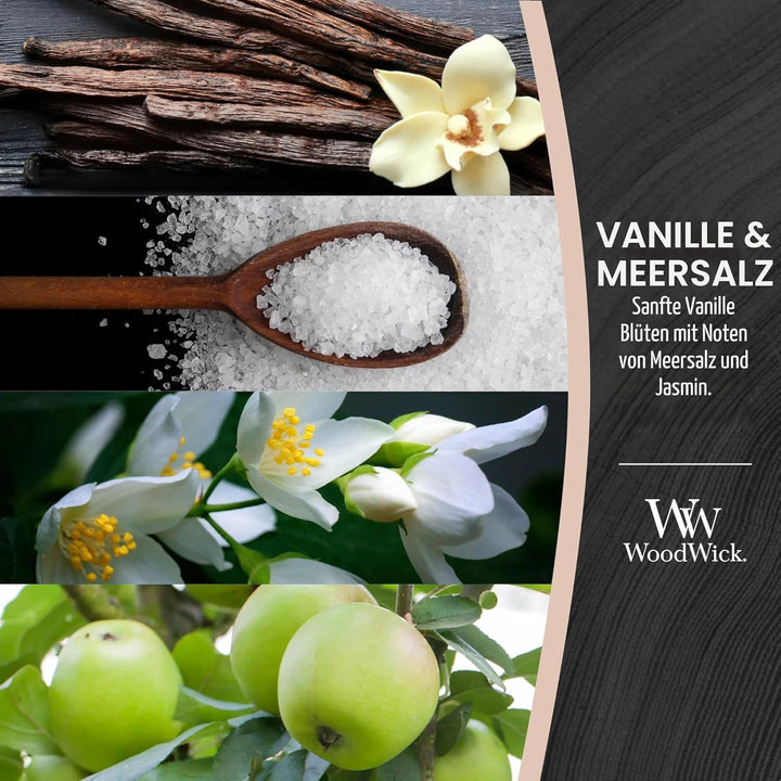 Grosse WoodWick Duftkerze im Sanduhrglas mit knisterndem Docht, Vanilla & Sea Salt, bis zu 130 Stund