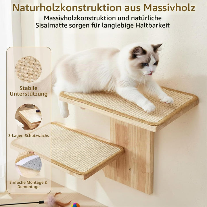 Kletterwand Katze, Katzen Wandelemente, Katzentreppe Wand mit 2 Plattformen und Sisalmatten, Kratzba