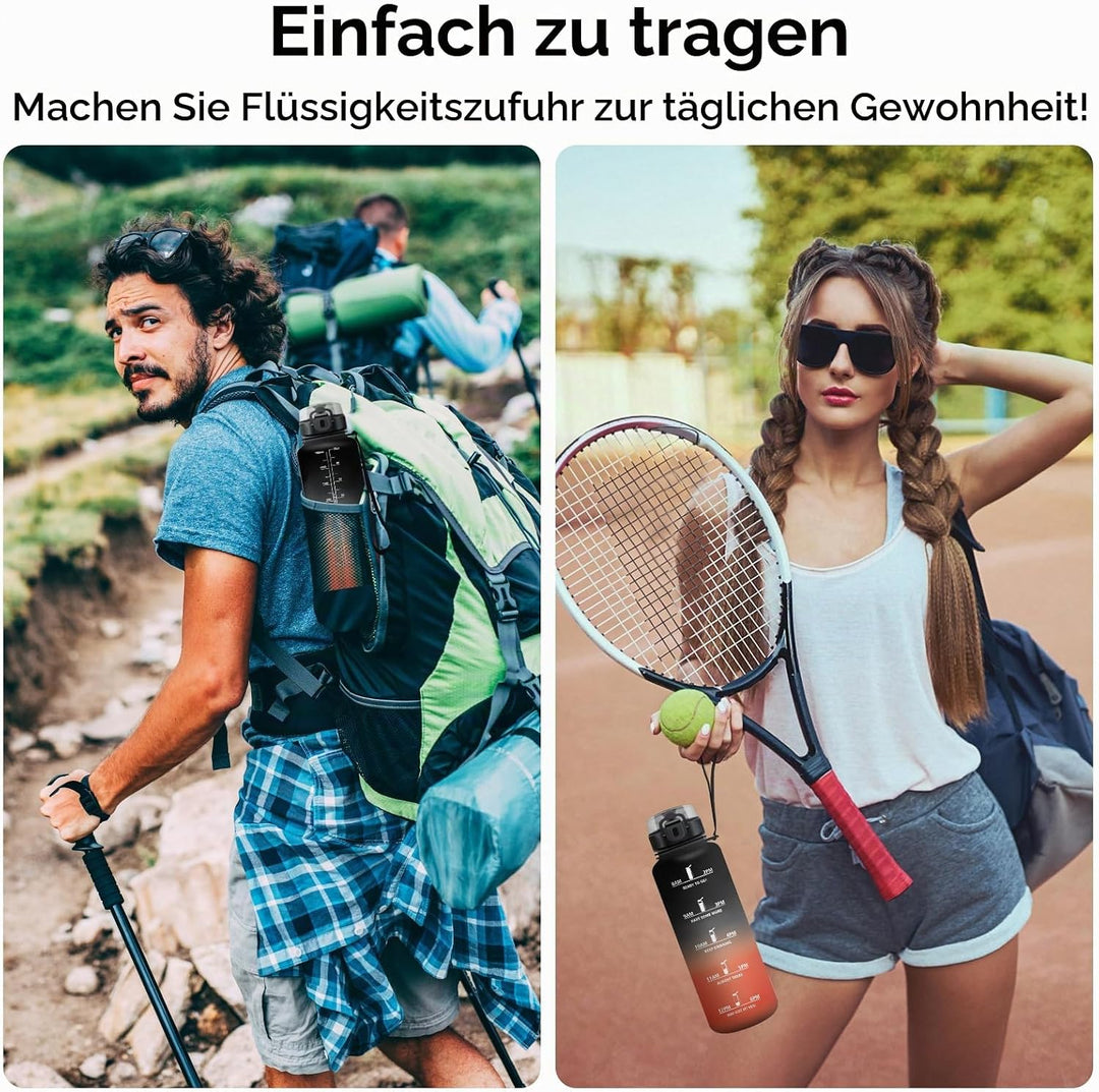KollyKolla Trinkflasche Kohlensäure Geeignet, 500ml/1L/1.5L, Sport Trinkflasche mit Zeitmarkierung,