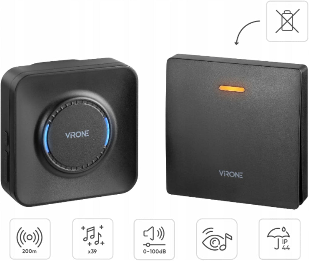 Virone Türklingel Funk Kinetic Batterielos - 39 Glockenschläge 100dB - Klingel Haustür Reichweite 20