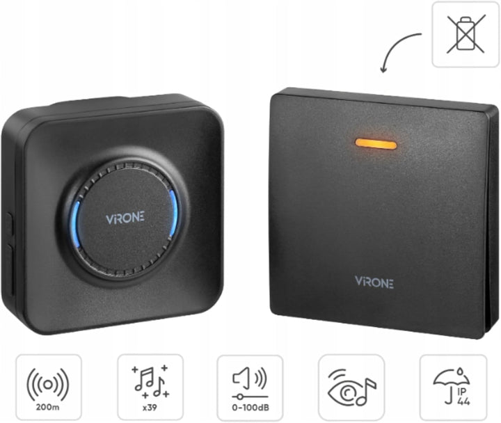 Virone Türklingel Funk Kinetic Batterielos - 39 Glockenschläge 100dB - Klingel Haustür Reichweite 20