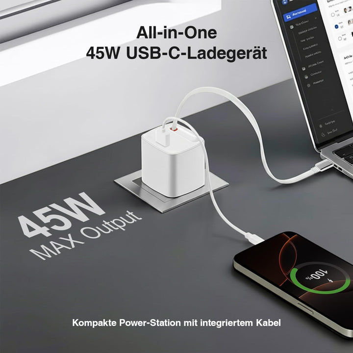 45W USB C Ladegerät mit Einziehbarem Kabel, GaN Schnellladegerät mit 2 Port, PPS Netzteil Kompatibel