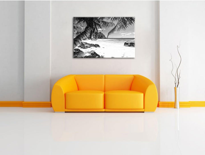 Pixxprint Palmenstrand Seychellen Kunst B&W als Leinwandbild/Grösse: 100x70 / Wandbild/Kunstdruck/fe