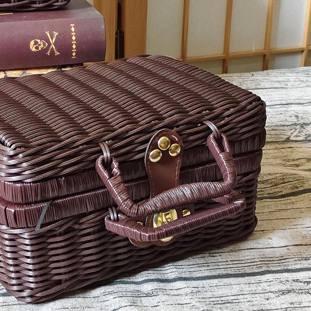 Geflochtener Rattan-Koffer Aufbewahrungskorb mit Griff, Gewebte Picknickbox, Handgewebt, mit Metalls