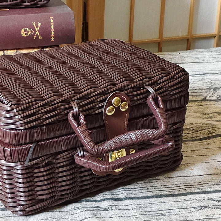 Geflochtener Rattan-Koffer Aufbewahrungskorb mit Griff, Gewebte Picknickbox, Handgewebt, mit Metalls