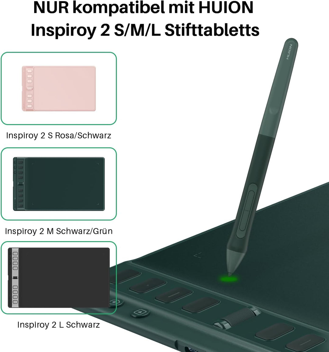 HUION Digitaler Stift PW110 Grün, PenTech 3.0 Batteriefreier, rutschfestem & schweissresistentem Sil