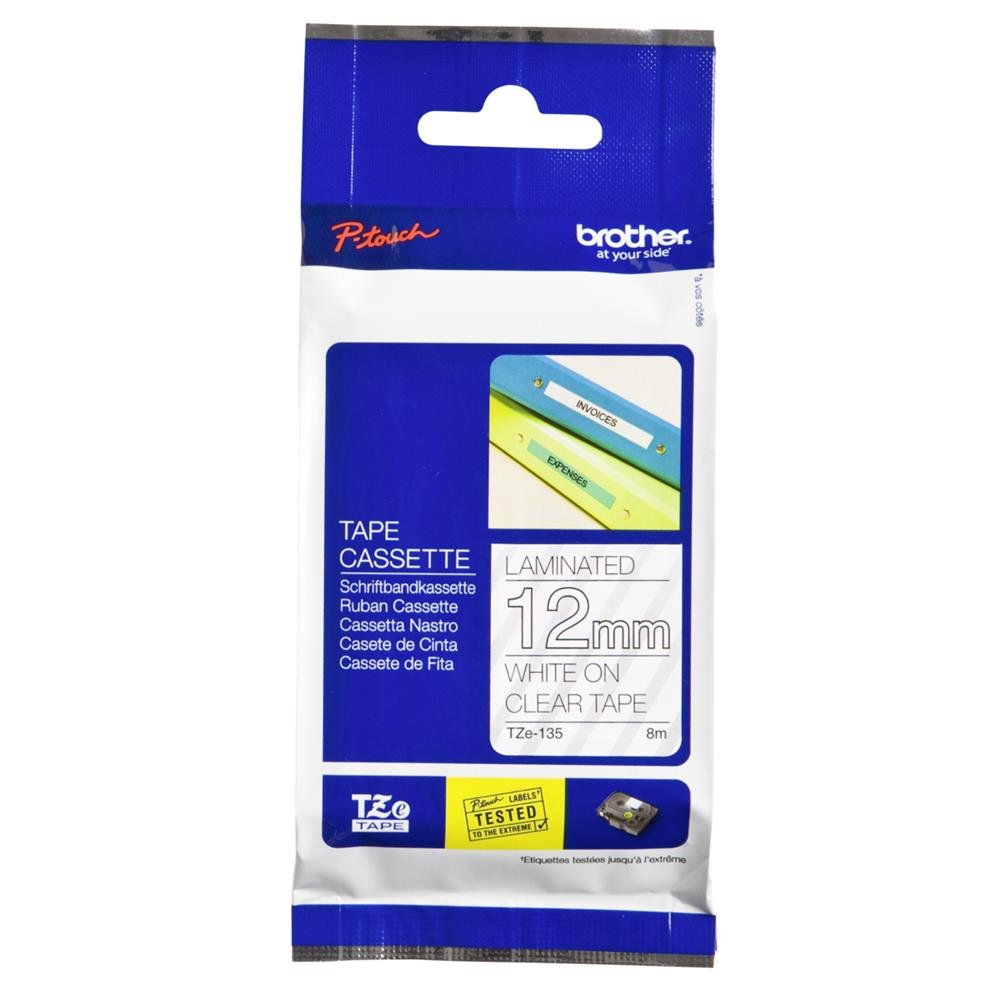 Brother Original P-touch TZe-135 Schriftband (Bandfarbe: Transparent, Schriftfarbe:Weiss, laminiert)