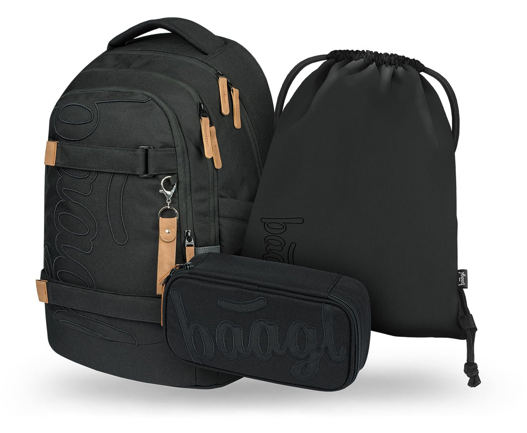 Baagl Schulrucksack Set Jungen Mädchen Teenager 3 Teilig, Skateboard Rucksack Skate MAX, Schultasche