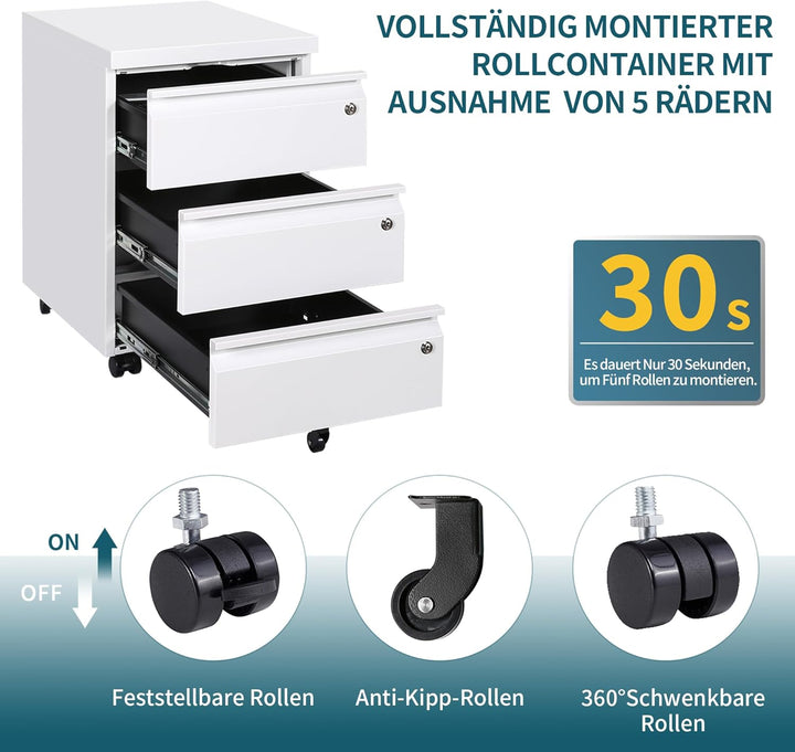Rollcontainer mit 3 Schubladen, Aktenschrank, Büroschrank aus Metall, Aktenschrank unter Schreibtisc