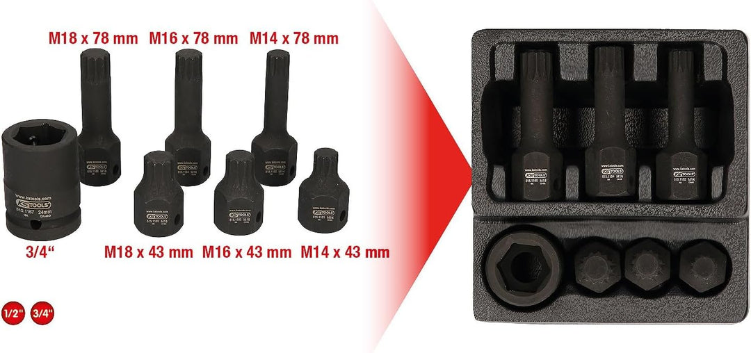 KS Tools 515.1160 1/2" Spezial-Kraft-Bit-Stecknuss-Satz Vielzahn, 7-tlg. M14-M18