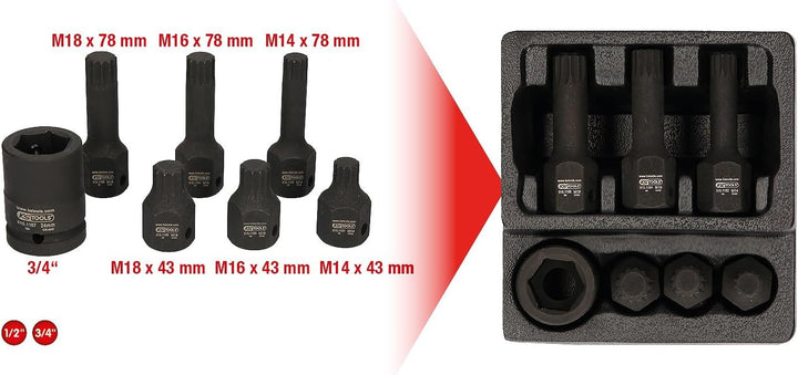 KS Tools 515.1160 1/2" Spezial-Kraft-Bit-Stecknuss-Satz Vielzahn, 7-tlg. M14-M18