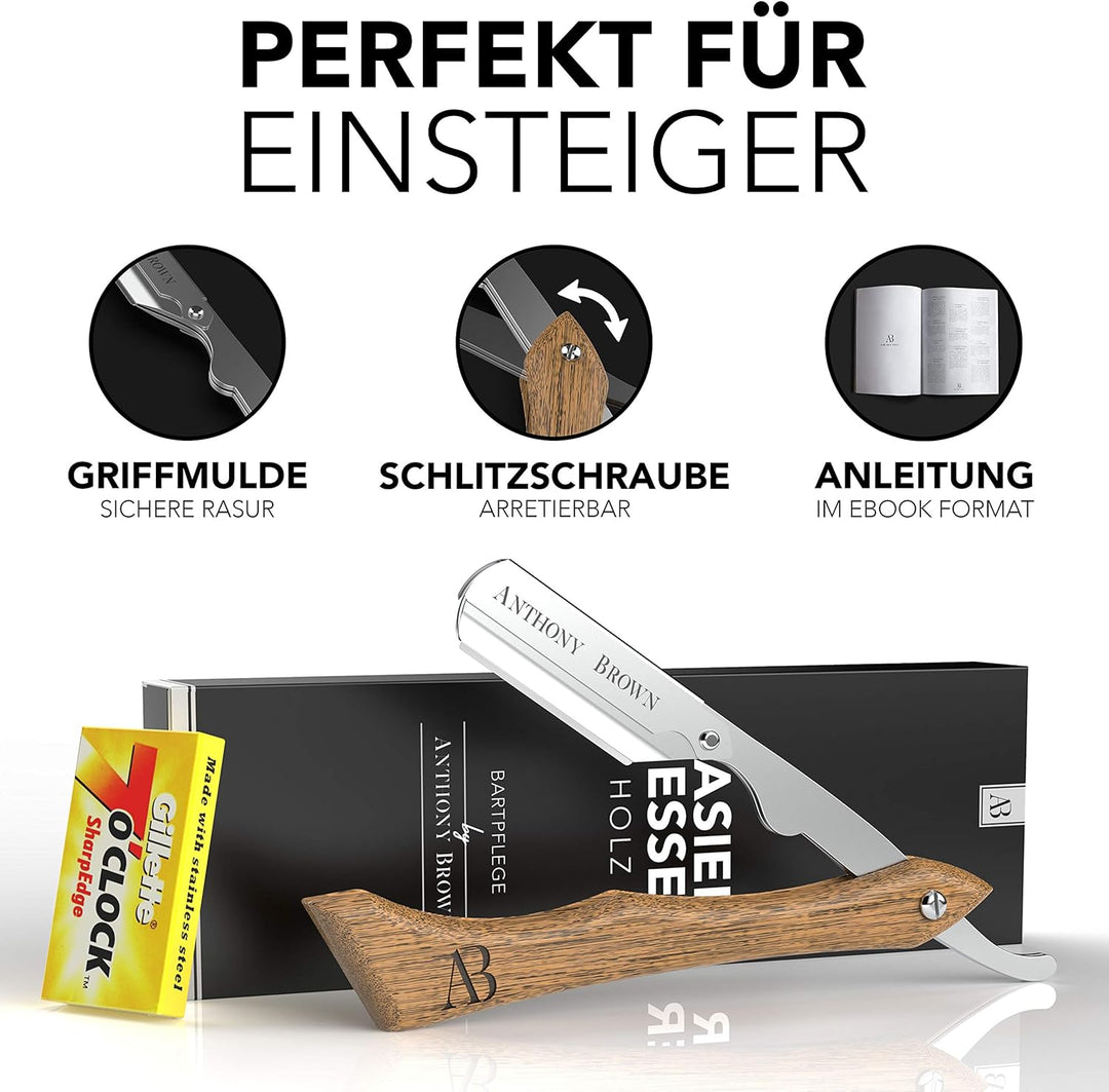 Anthony Brown® Rasiermesser Holz in Schwarz oder Silber - einzigartiger Klingenkopf für mehr Präzisi